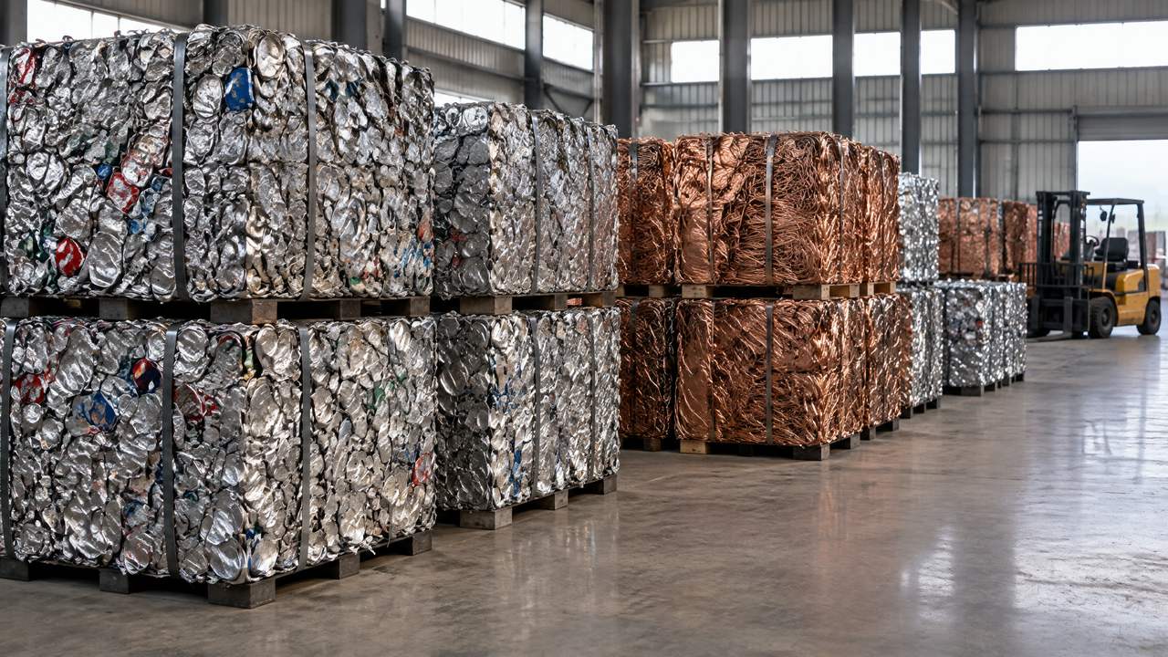 Bales of crushed aluminum cans and copper wire stacked in rows inside a recycling warehouse