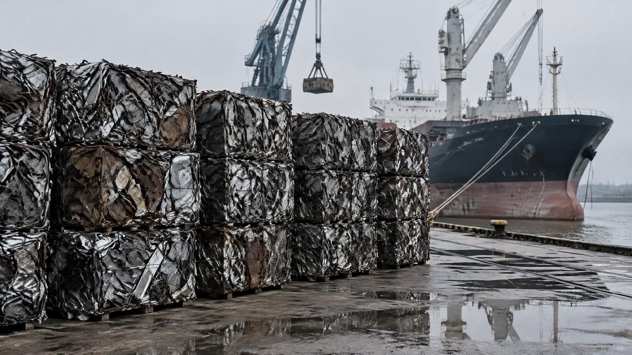 Baled scrap steel stacked on a quay beside a cargo ship and harbor cranes