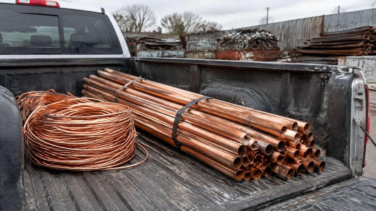 Bundles of clean copper pipe and a coil of bare copper wire in a pickup bed at a scrap yard