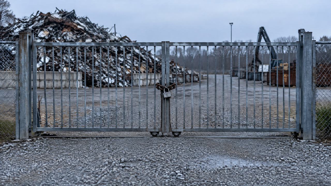 Closed scrap yard gate with a chain and padlock across it on a quiet holiday morning