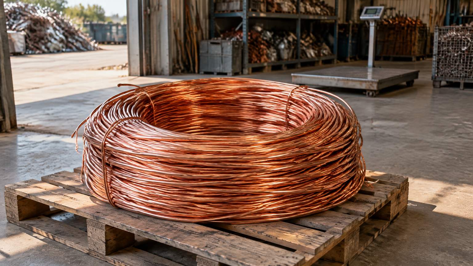 Bare bright copper wire coiled on a pallet at a scrap yard, where scrap copper prices are set by grade