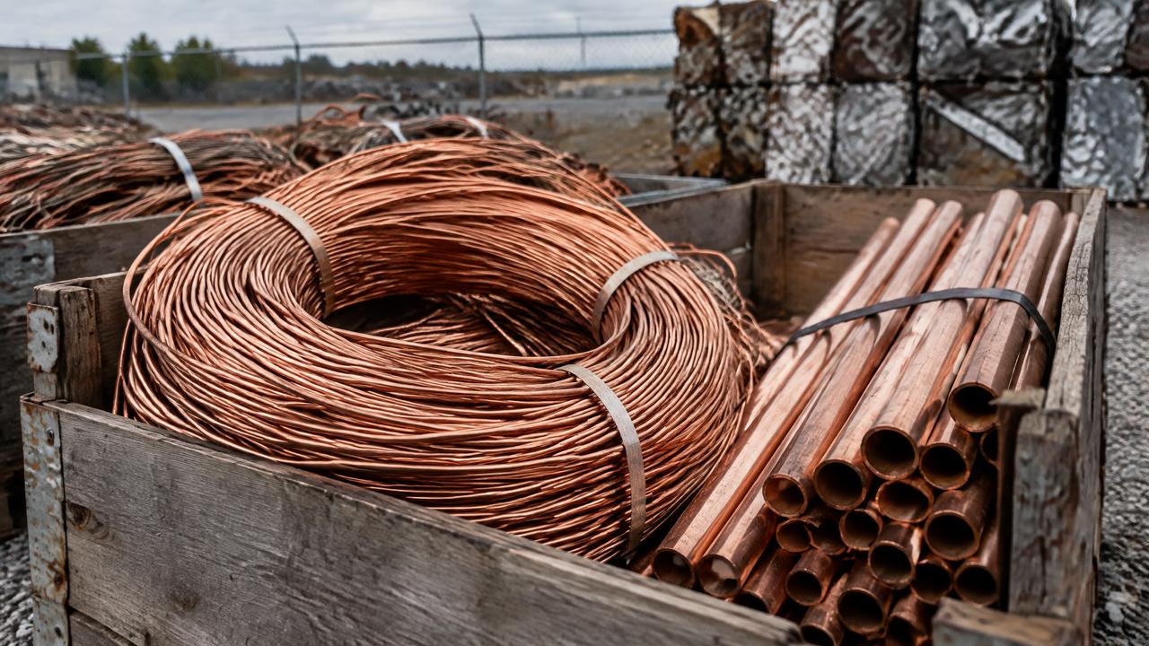 Coil of bare bright copper wire beside bundled copper pipe in a wooden bin at a scrap yard