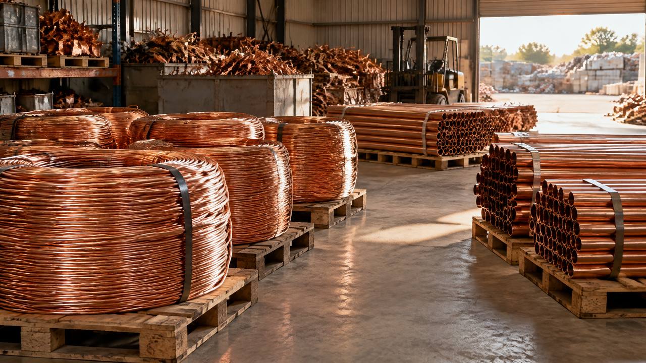 Coils of bare copper wire and copper pipe sorted on pallets inside a warehouse