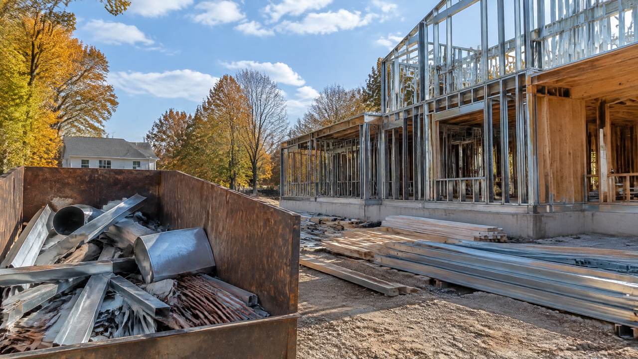 Dumpster of cut steel studs and old ductwork beside new steel framing at a suburban building site
