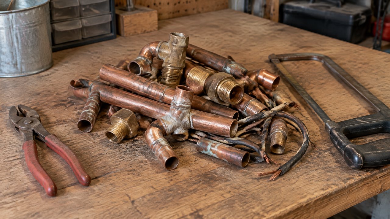 Old copper pipe with soldered joints, brass fittings and burnt wire on a garage workbench