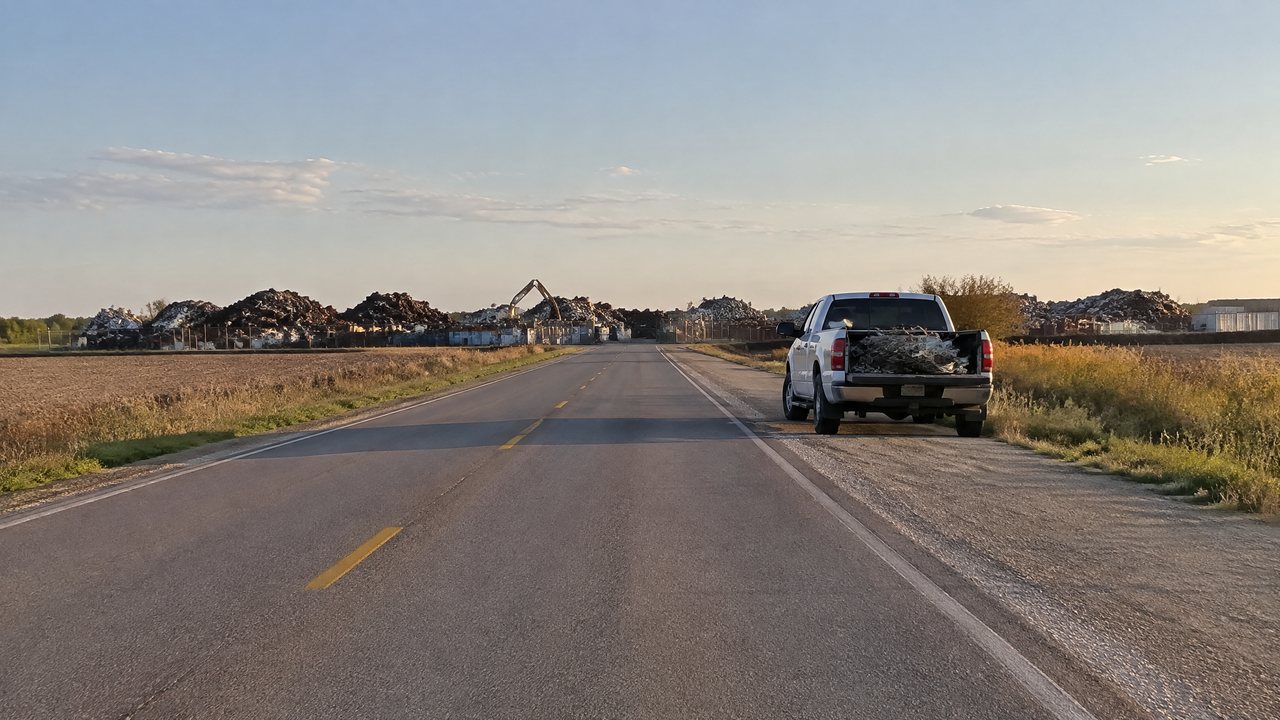 County road running toward a distant scrap yard with a pickup on the shoulder