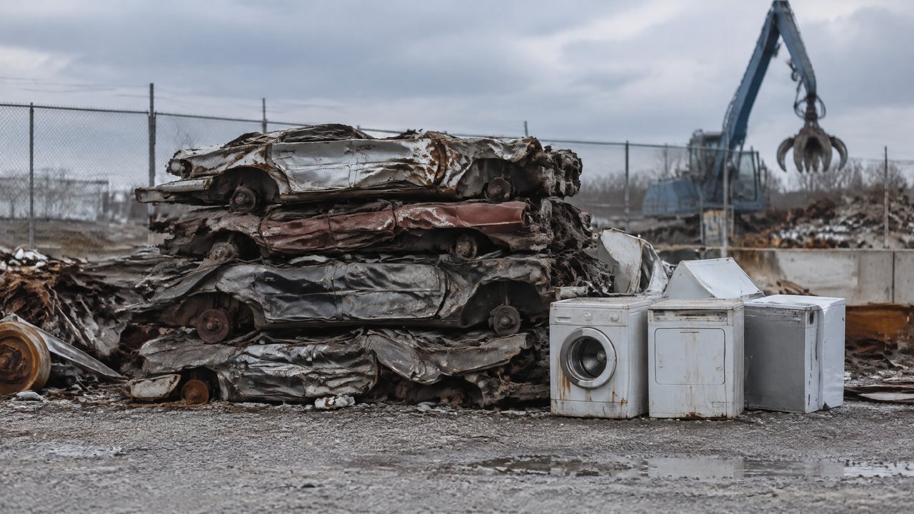 Flattened car bodies stacked beside old washers and dryers at a scrap yard under an overcast sky