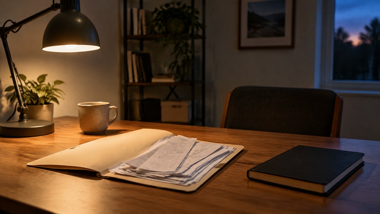 Desk lamp over a folder of blank receipts and a notebook on a hauler's desk