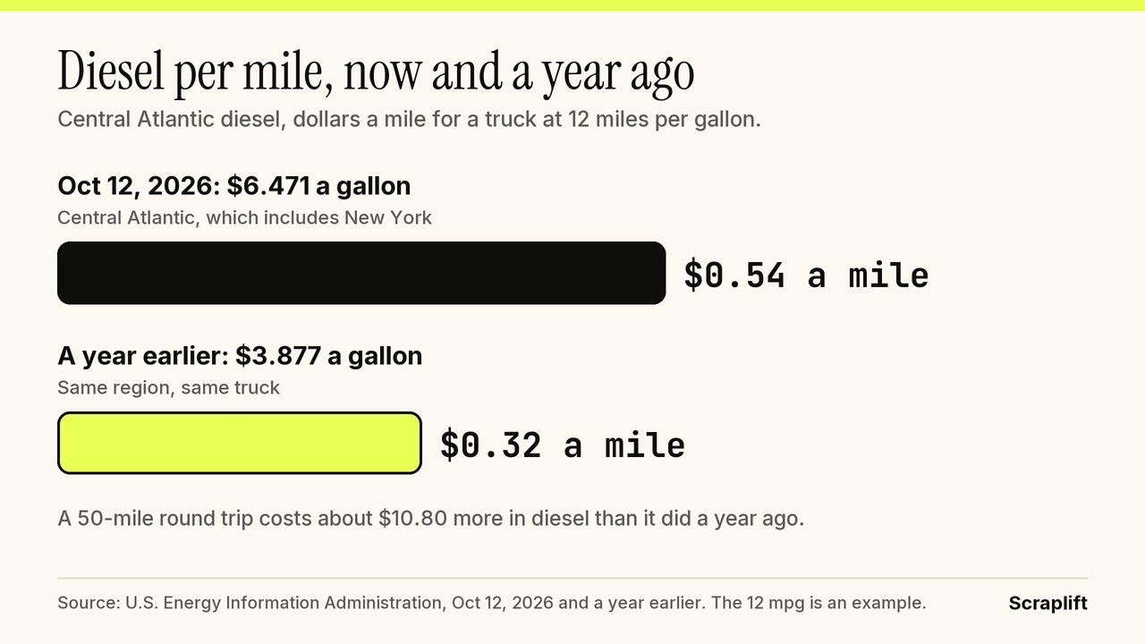 Scrap week recap card: diesel fuel cost per mile at 12 miles per gallon, about 54 cents now against about 32 cents a year ago