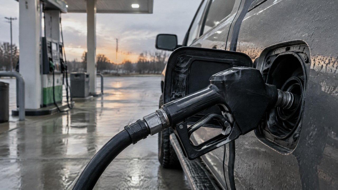 Diesel pump nozzle in the open fuel door of a pickup truck at first light