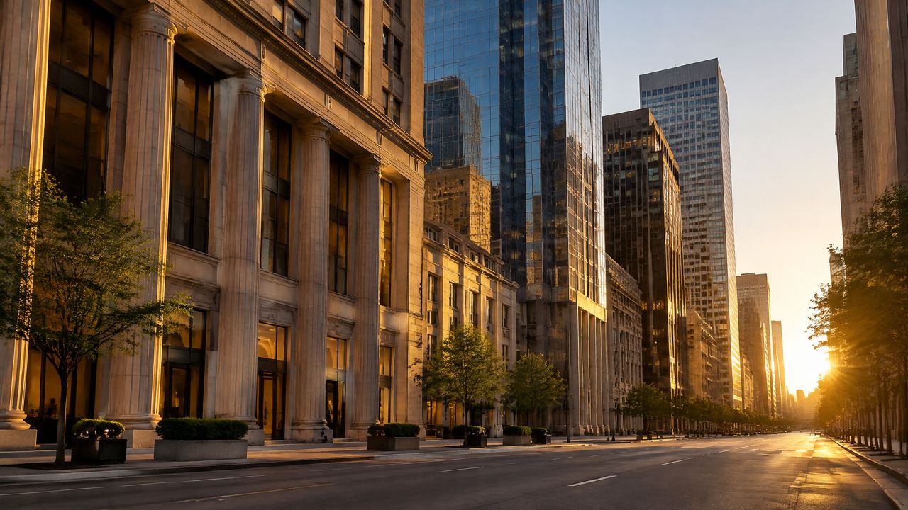 Row of downtown office buildings and a quiet street at sunrise, the morning of the Fed rate decision