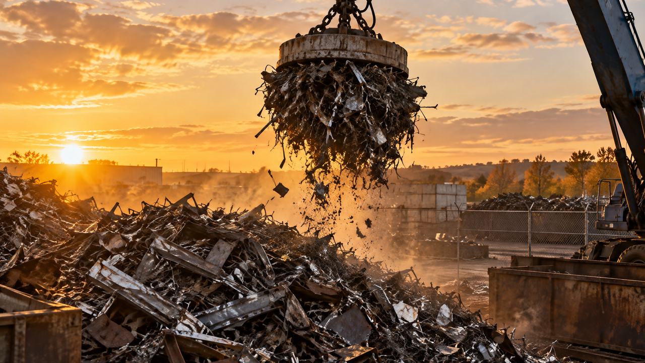 Electromagnet crane lifting shredded steel scrap at a yard at golden hour, steel scrap prices for the week of October 19 to 23