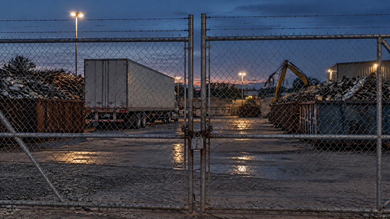 Fenced scrap yard at dusk with a parked trailer and loaded steel containers behind a closed, locked gate