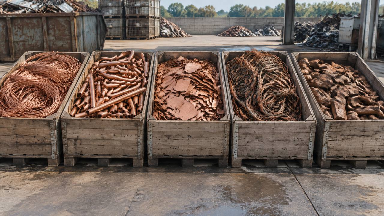 Five wooden bins in a row at a scrap yard, each holding a different kind of copper