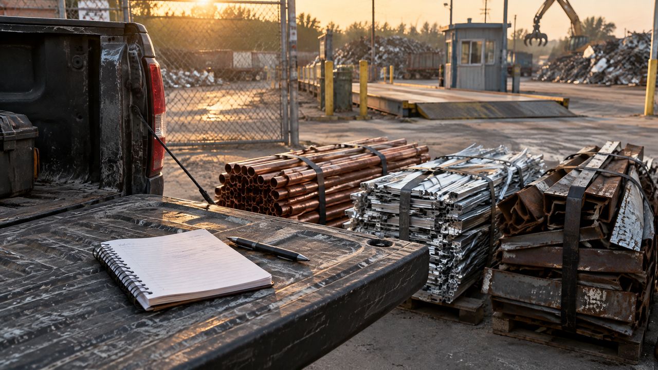 Notebook and pen on a pickup tailgate beside sorted scrap bundles at a yard gate, the notes behind these scrap tips