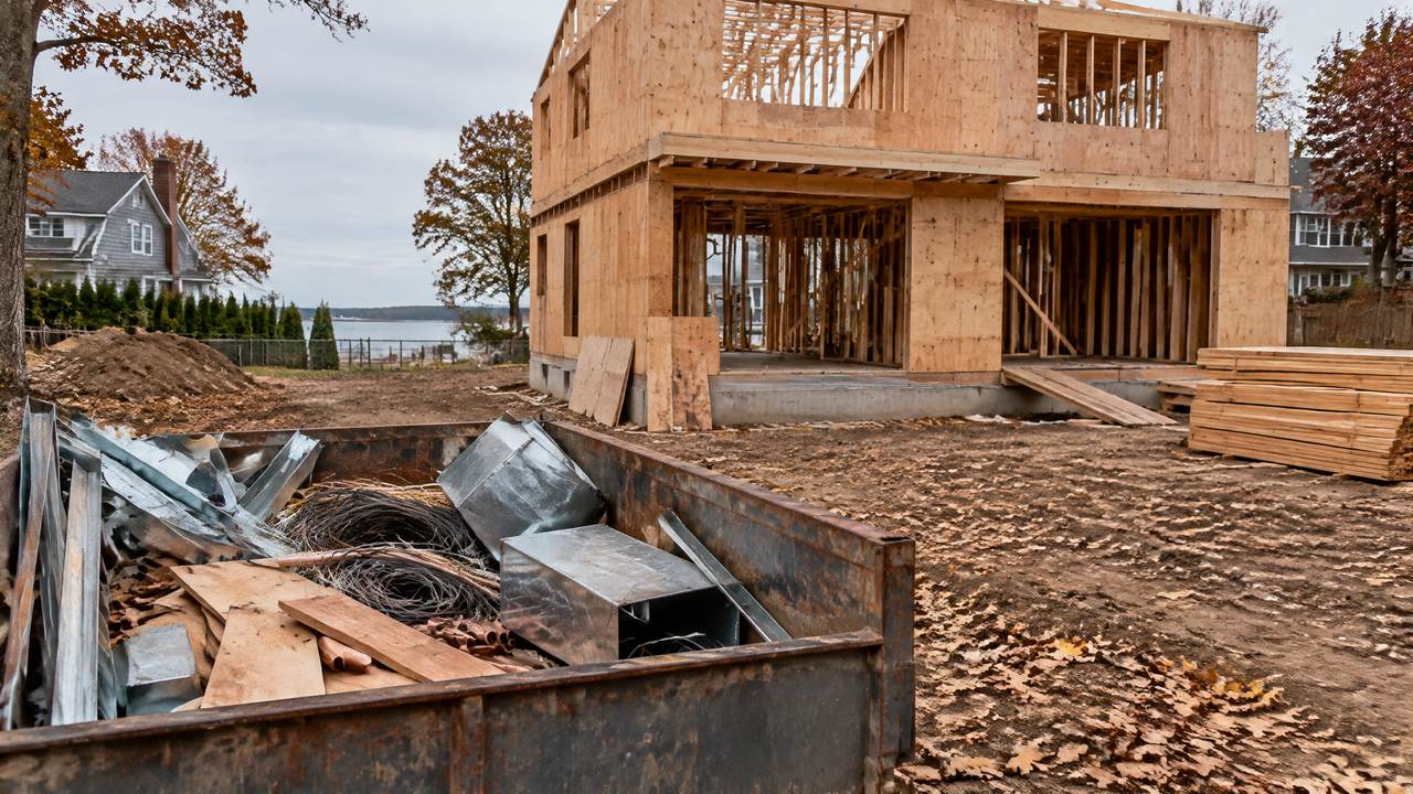 New house wall framing on a building site with a bin of steel and copper offcuts in front
