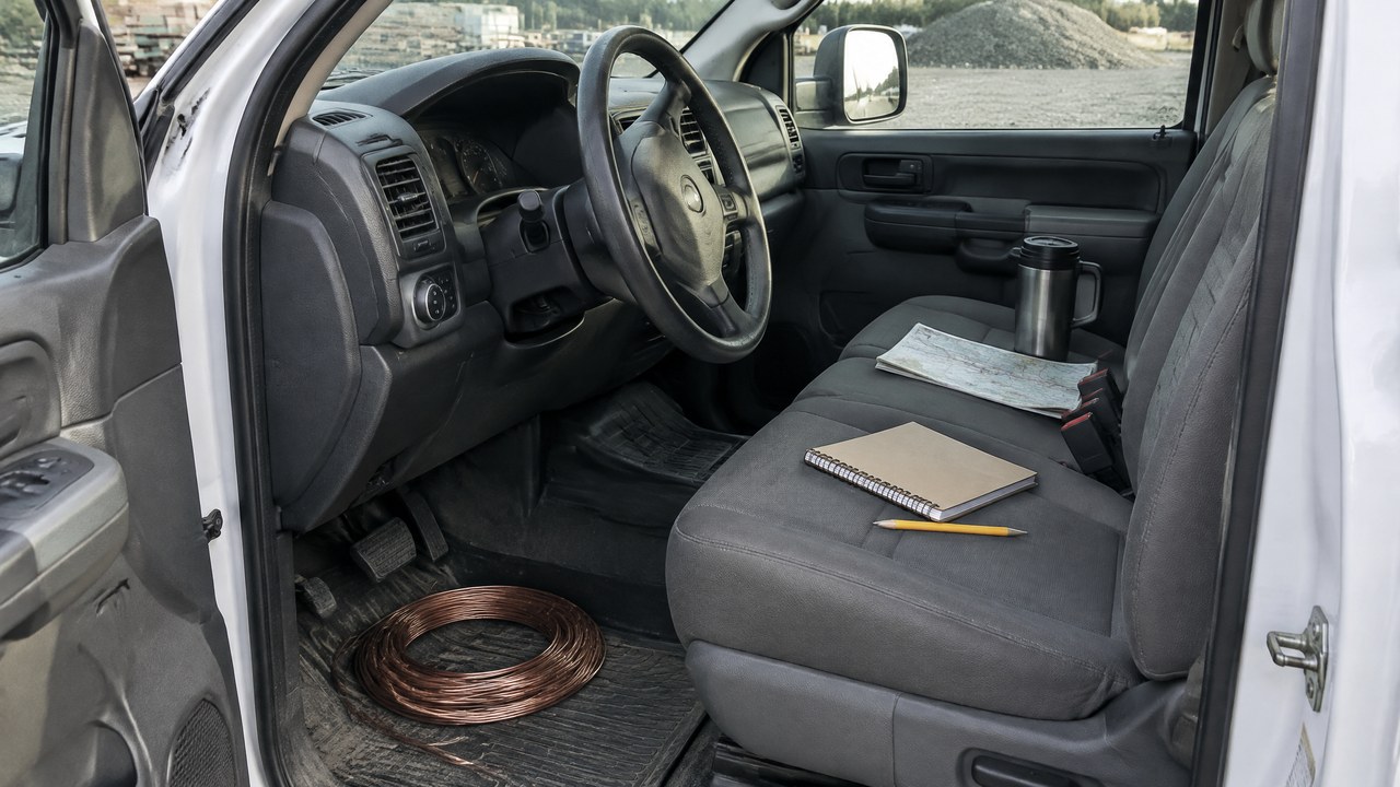 Notebook, pencil and folded road map on a pickup bench seat, with a coil of copper wire on the floor mat