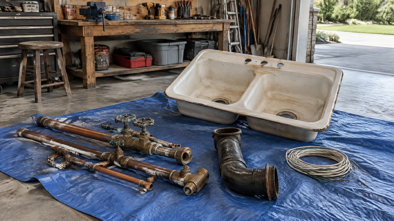 Old copper pipe, brass valves and a cast iron sink pulled from a kitchen remodel, stacked on a tarp in a garage