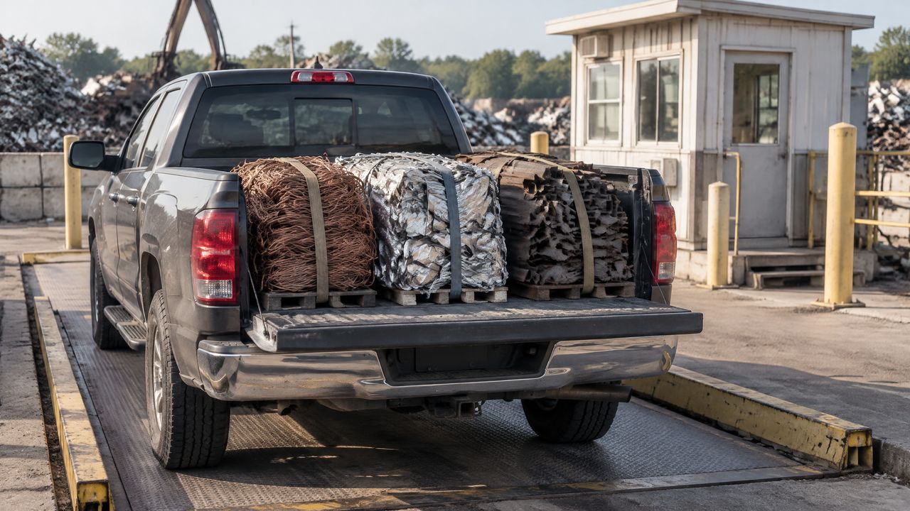 Pickup bed with sorted bundles of scrap on a truck scale at a yard in morning light