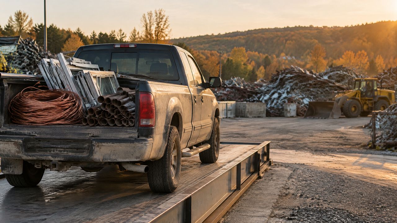 Pickup on a yard scale with sorted copper wire, aluminum frames and steel pipe at sunset, the scrap week recap for October 12 to 16