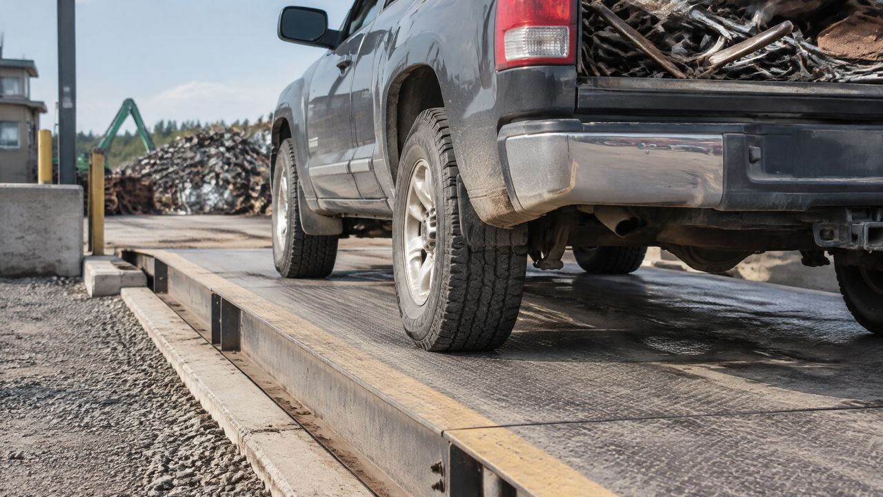 Rear wheels of a pickup truck on a truck scale platform at a scrap yard