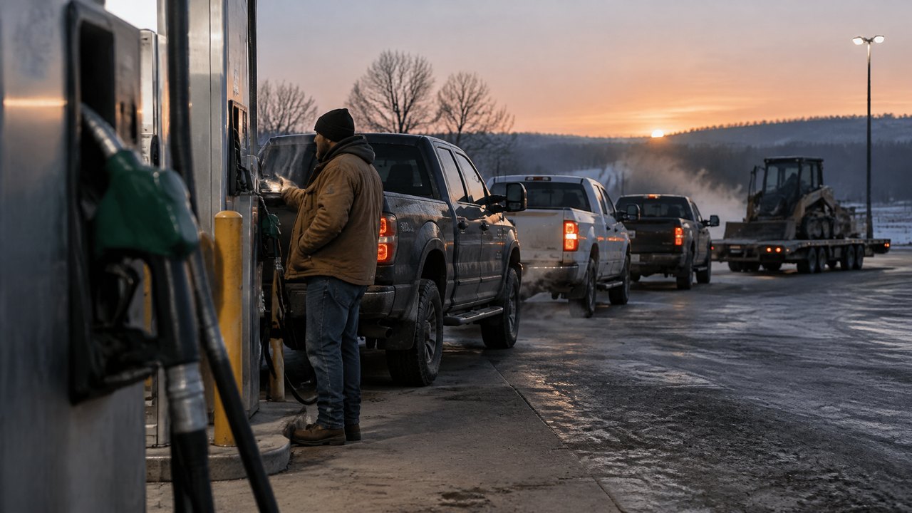 Line of pickup trucks and a flatbed waiting at a roadside diesel pump at dawn