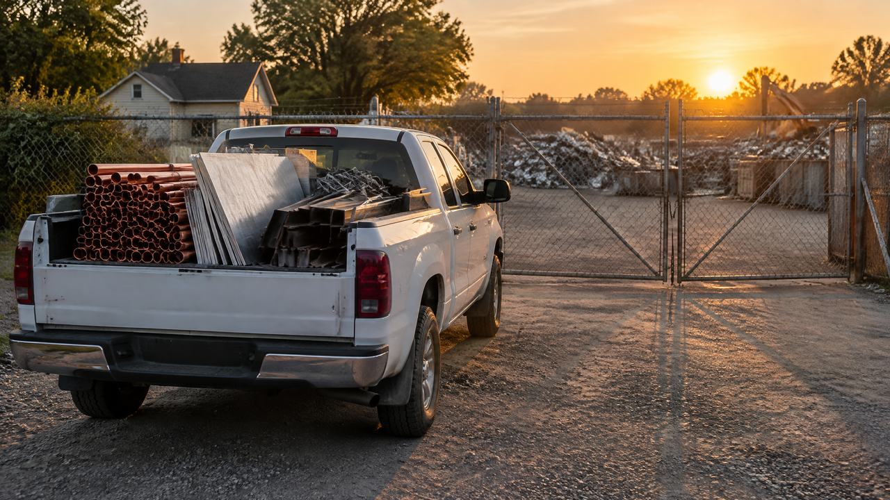 Pickup with a full bed of sorted scrap parked at a chain-link yard gate at sunrise