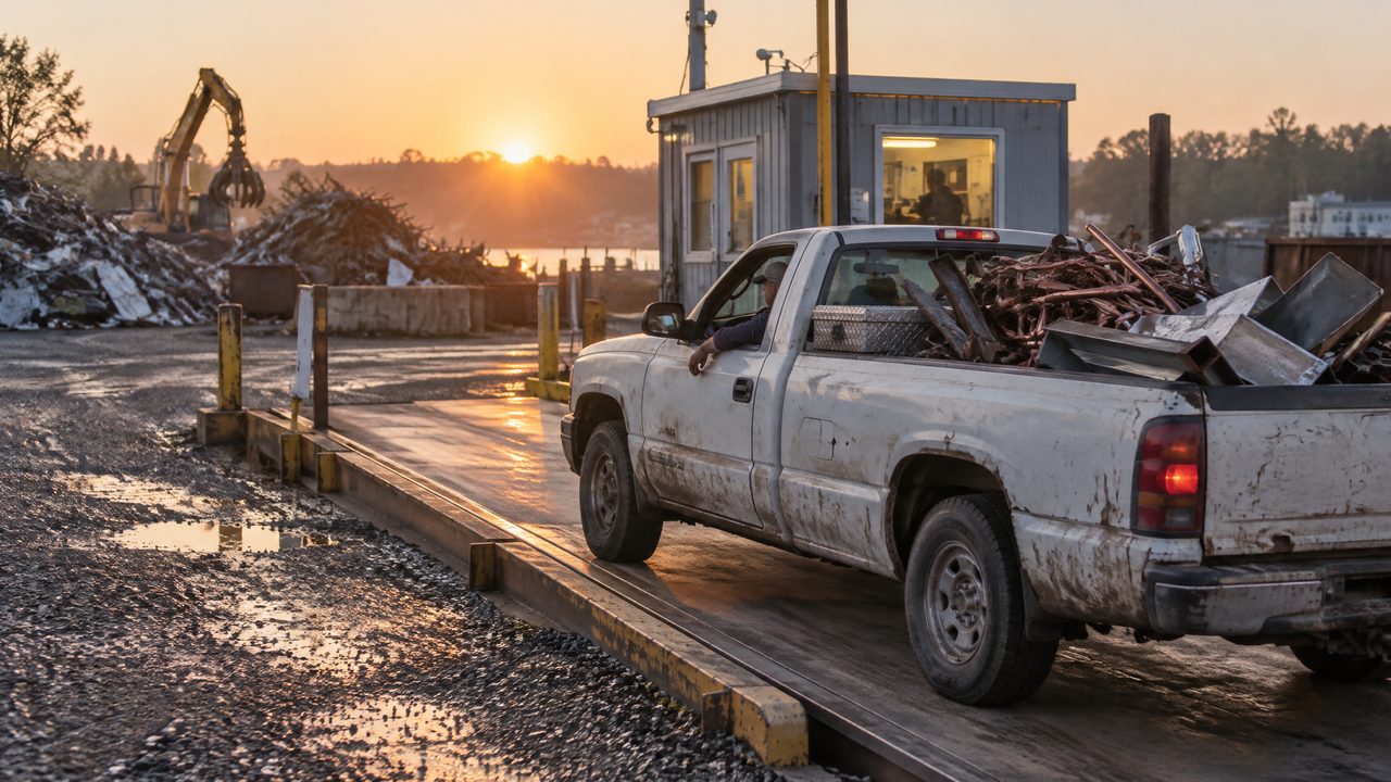 Pickup with a bed of mixed scrap metal waiting on a yard scale at sunrise, the day-to-day that scrap metal news lands on