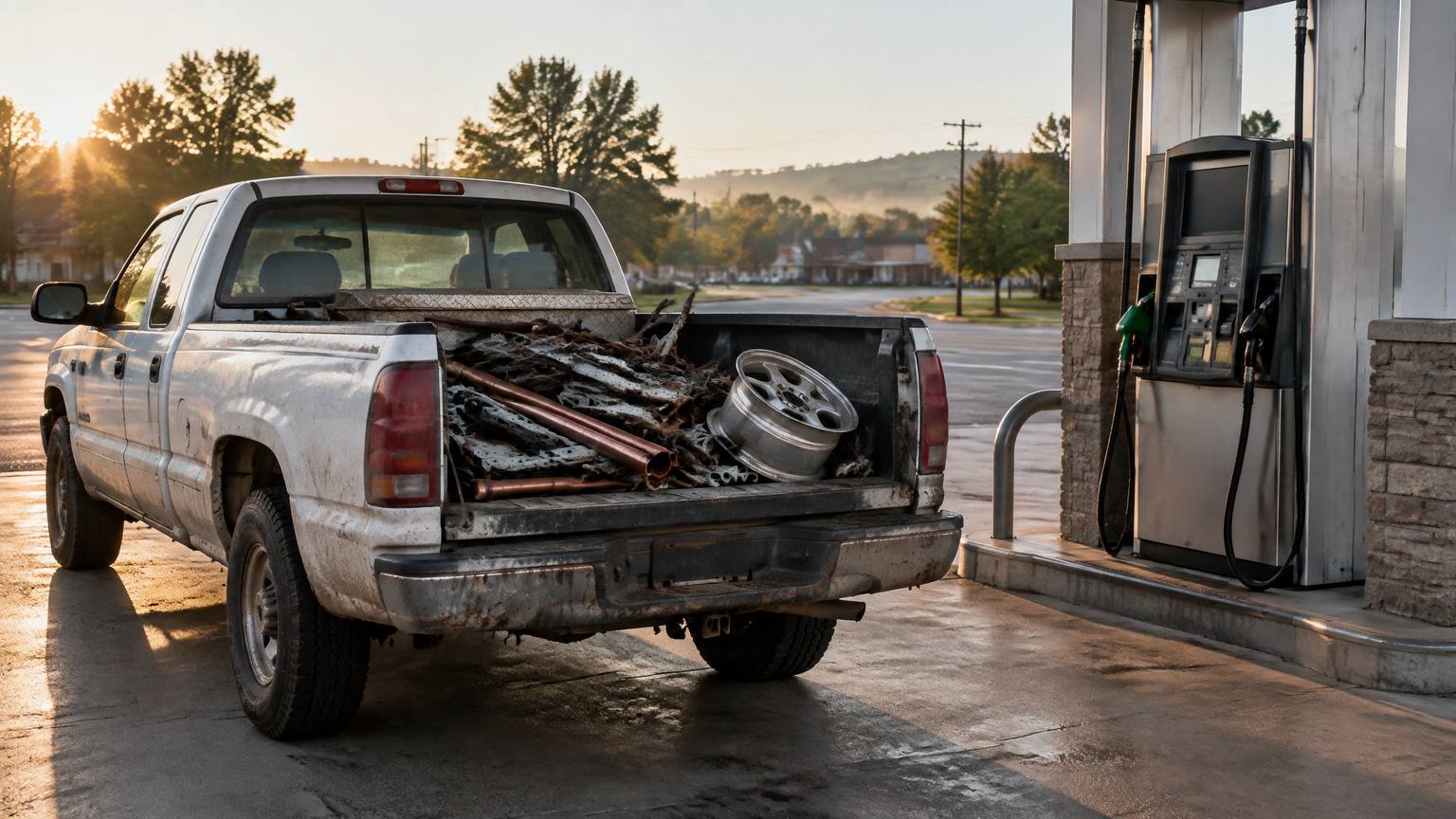 Pickup with a bed of scrap metal parked at a fuel pump, where fuel prices decide how far a haul can go