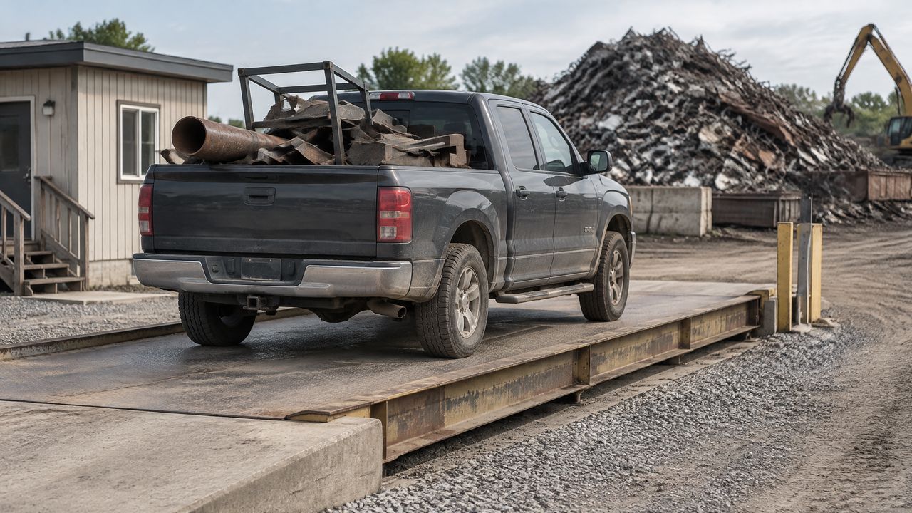 Pickup with a bed of cut steel and pipe on a truck scale at a scrap yard