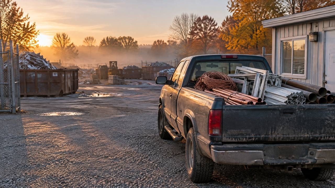 Pickup with sorted copper, aluminum and steel parked at a yard scale house at dawn, the scrap calendar for October 19 to 23