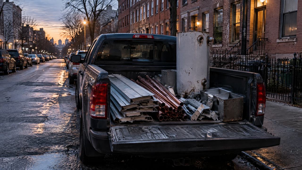 Pickup with sorted scrap metal parked on a quiet city street at dawn, the week of the Fed rate decision, October 26 to 30