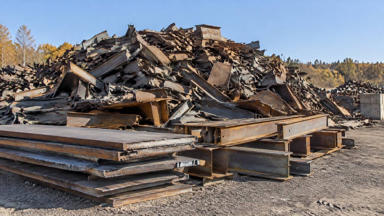 Pile of heavy melting steel scrap and cut plate stacked in a scrap yard under a clear autumn sky