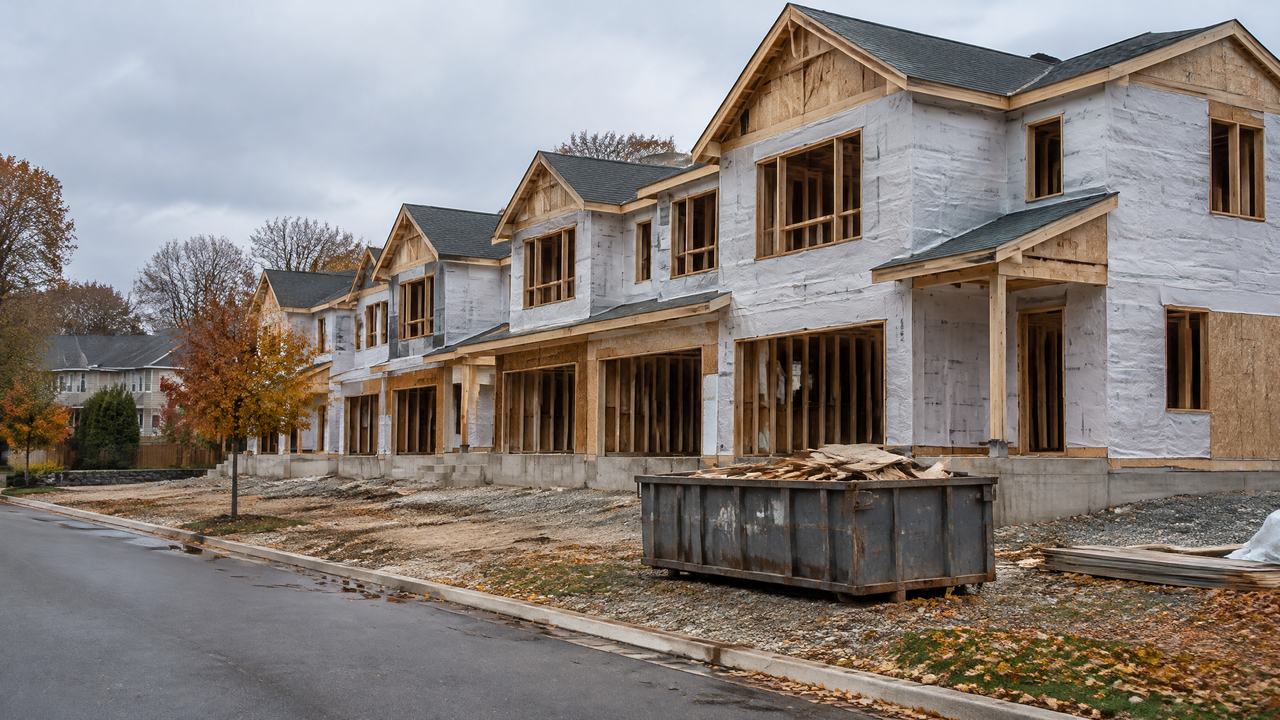 Row of half-built townhouses with wood framing and a small dumpster of offcuts on an overcast day