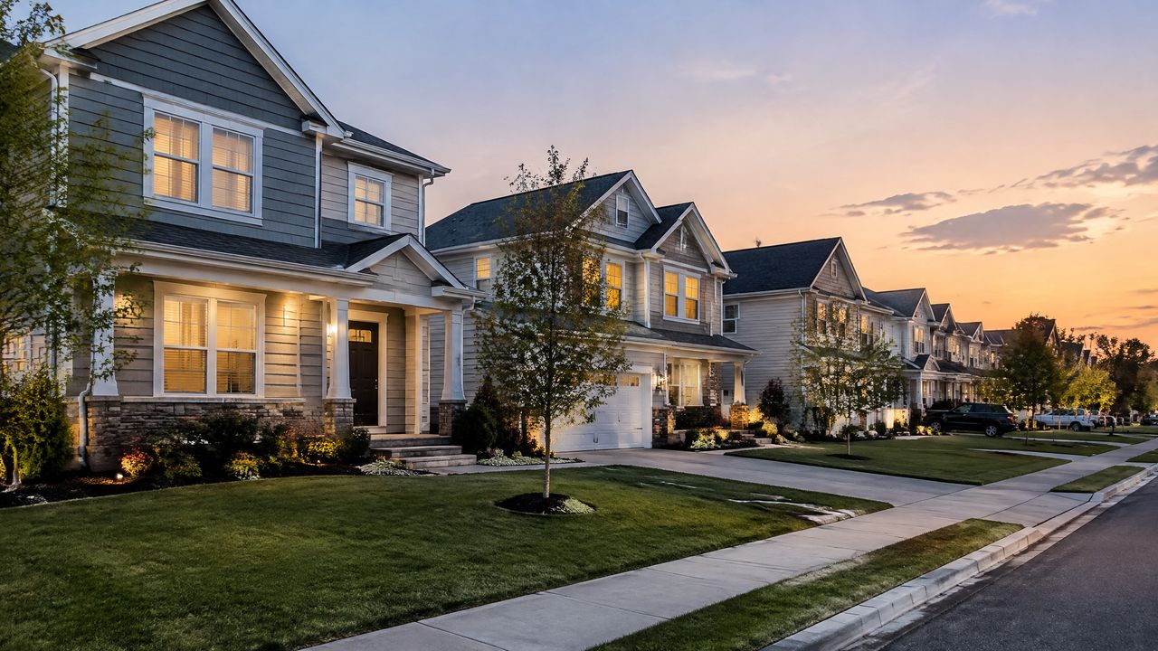 Row of newly finished houses on a suburban street at dusk