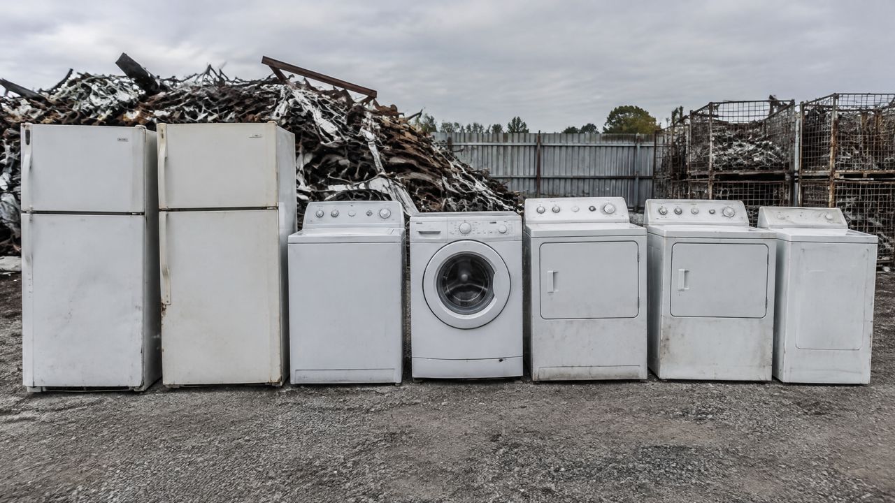 Row of old refrigerators, washers and dryers lined up at a scrap yard