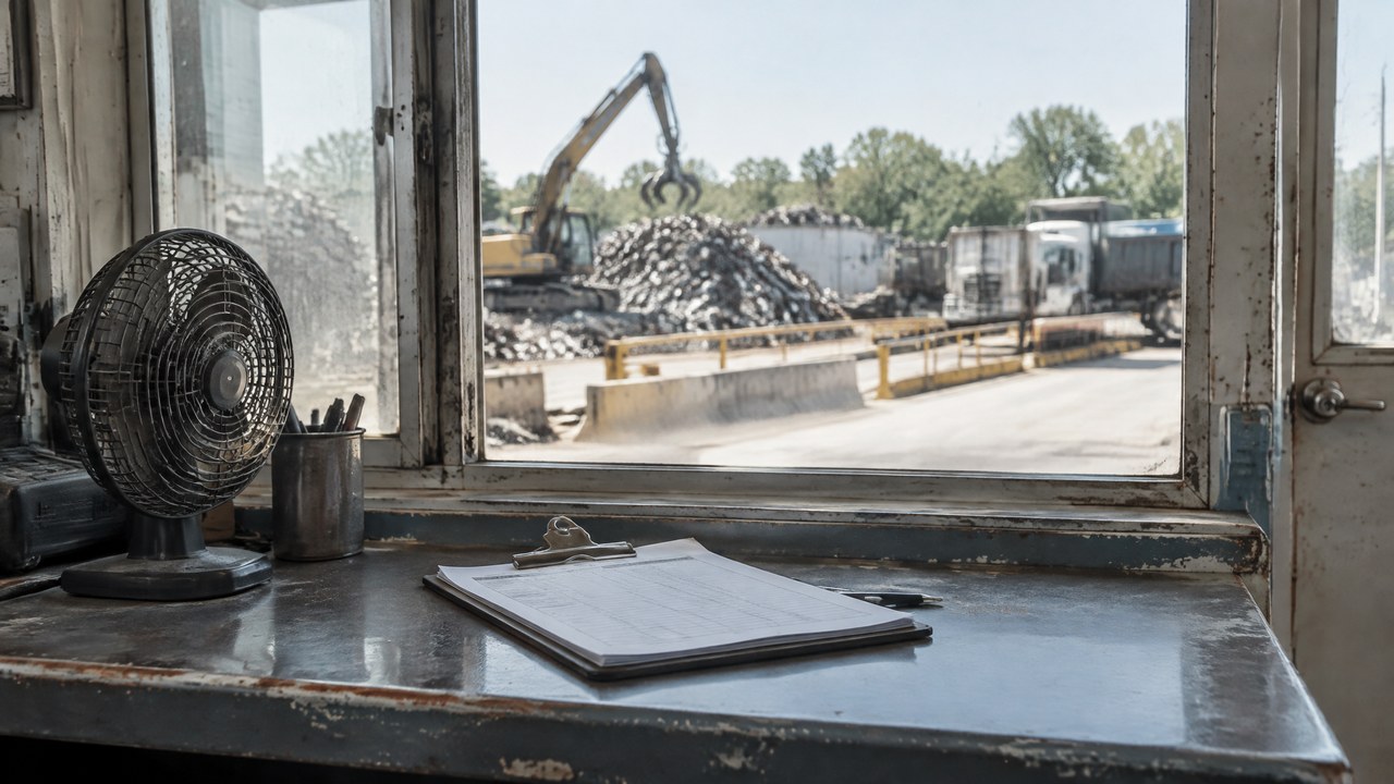 Scale house window at a scrap yard with a clipboard on the counter in morning light