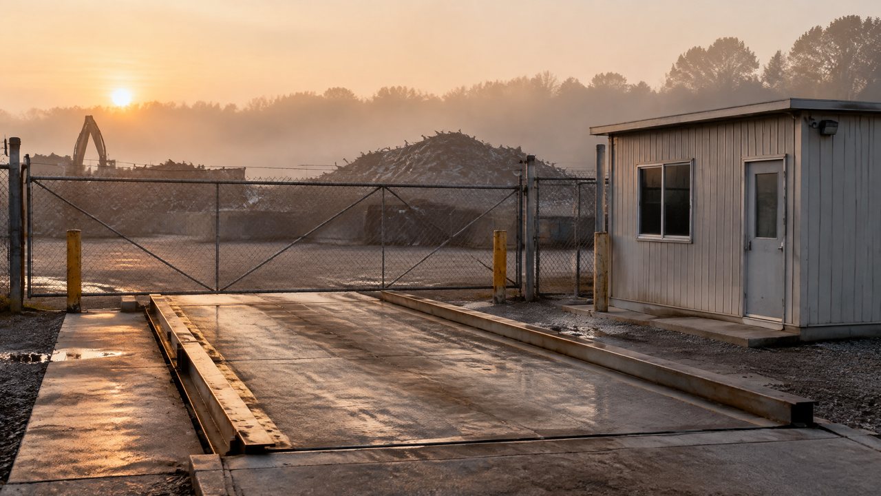 Empty scrap yard gate with a scale house and a chain-link fence at dawn