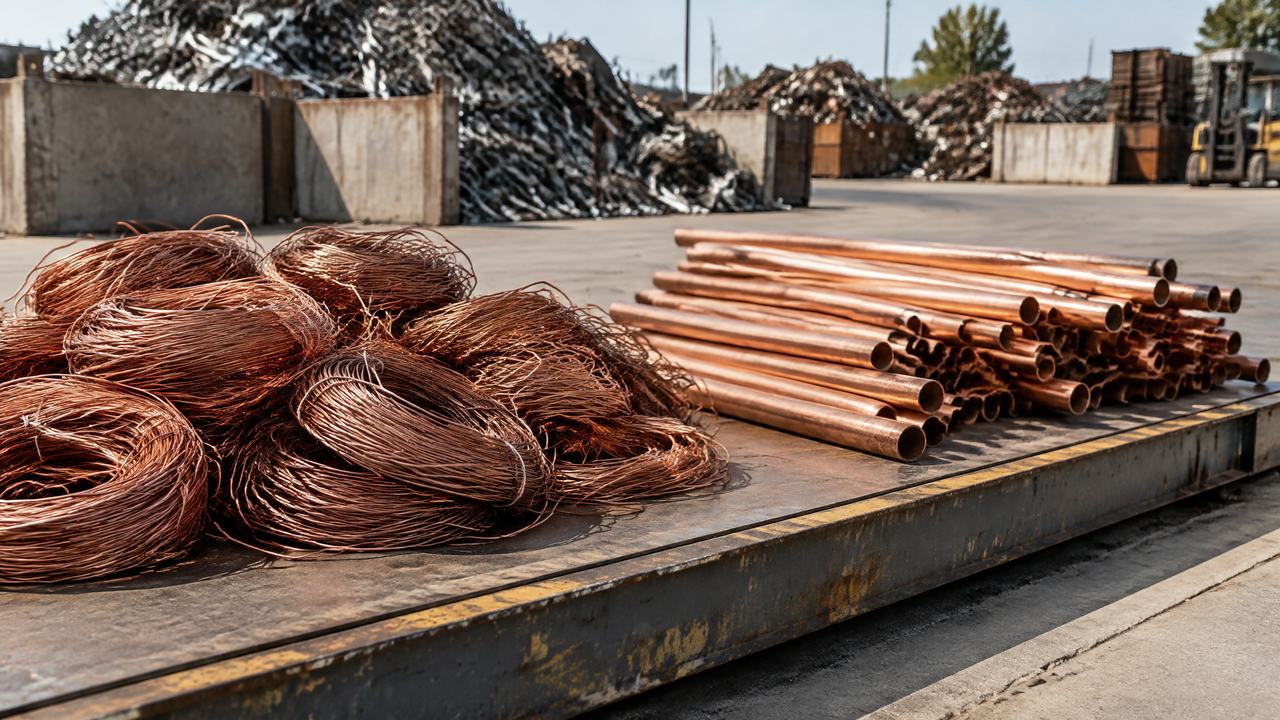 Bundles of bare copper wire and clean copper pipe sorted into separate piles on a yard scale deck
