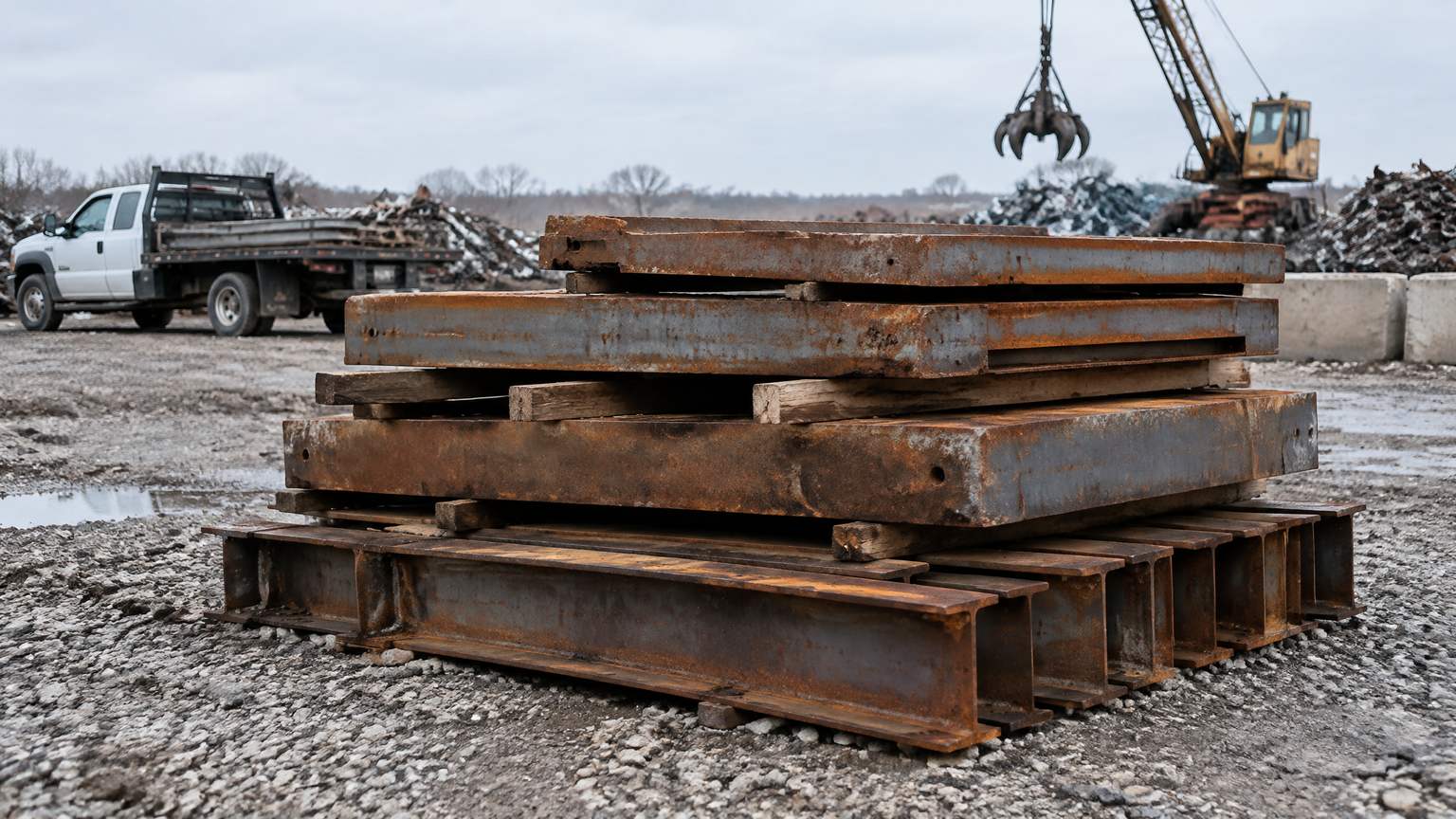 Rusty steel plates and beams stacked at a scrap yard, where steel prices meet the yard board