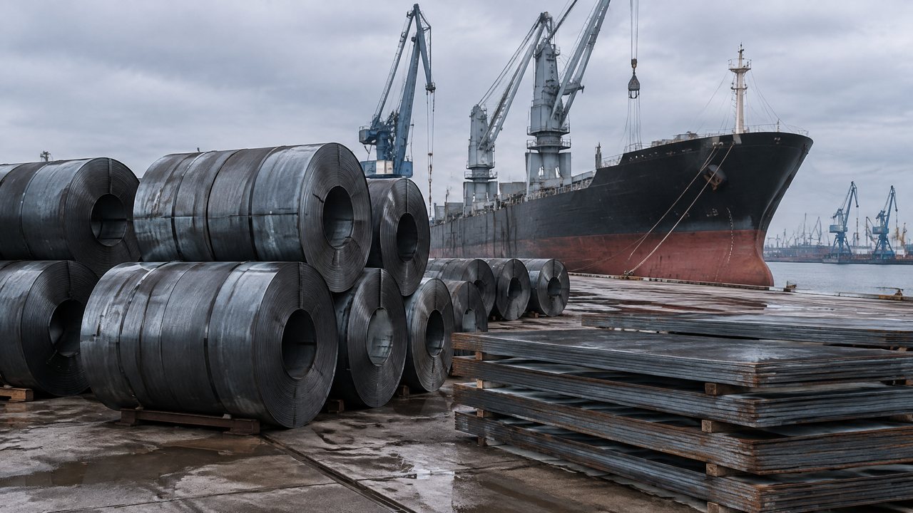 Stacks of steel coils and plate on a port pier under a gray sky