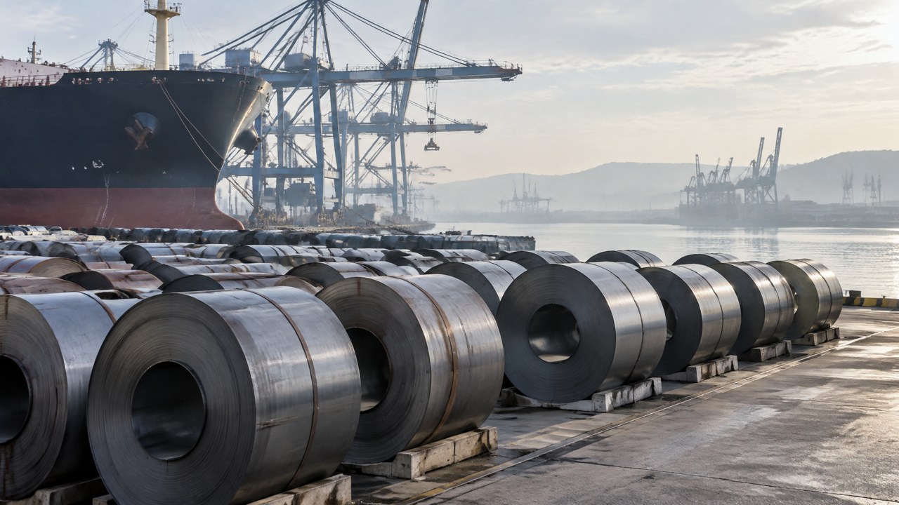Coils of steel sheet lined up on a port dock with container cranes behind them in morning light