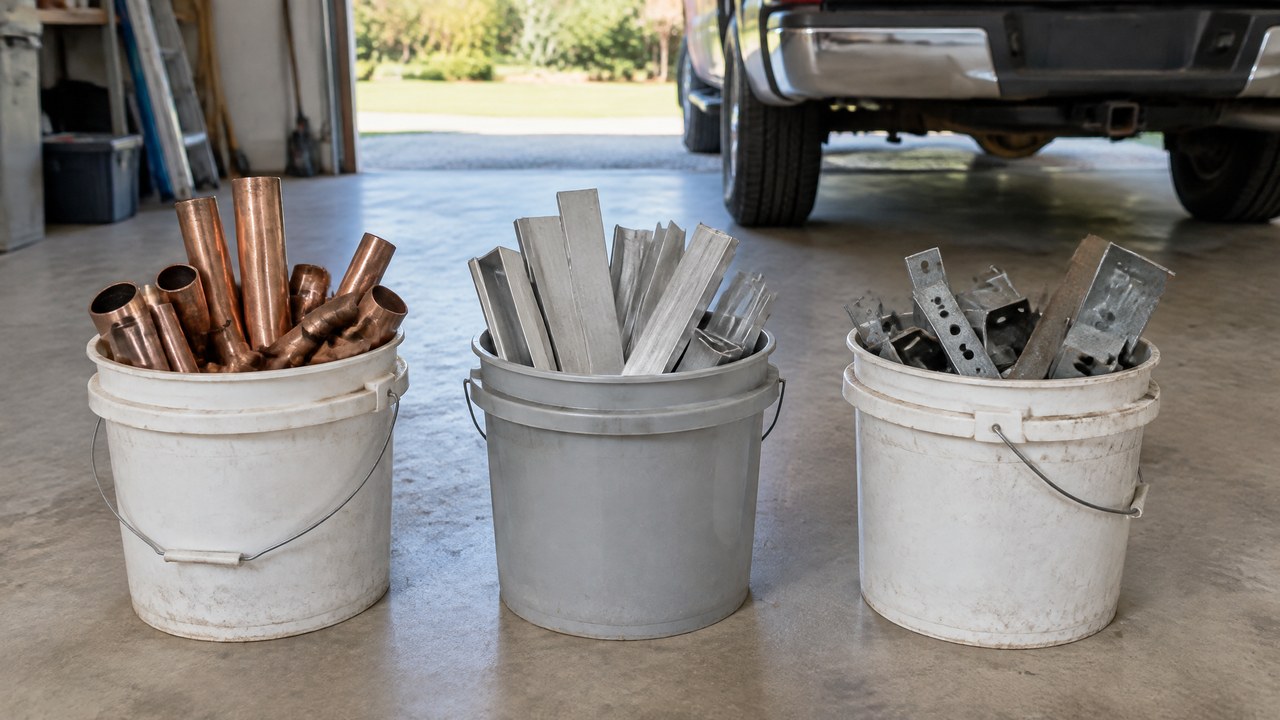 Three buckets of sorted scrap metal, copper, aluminum and steel, in a row on a garage floor