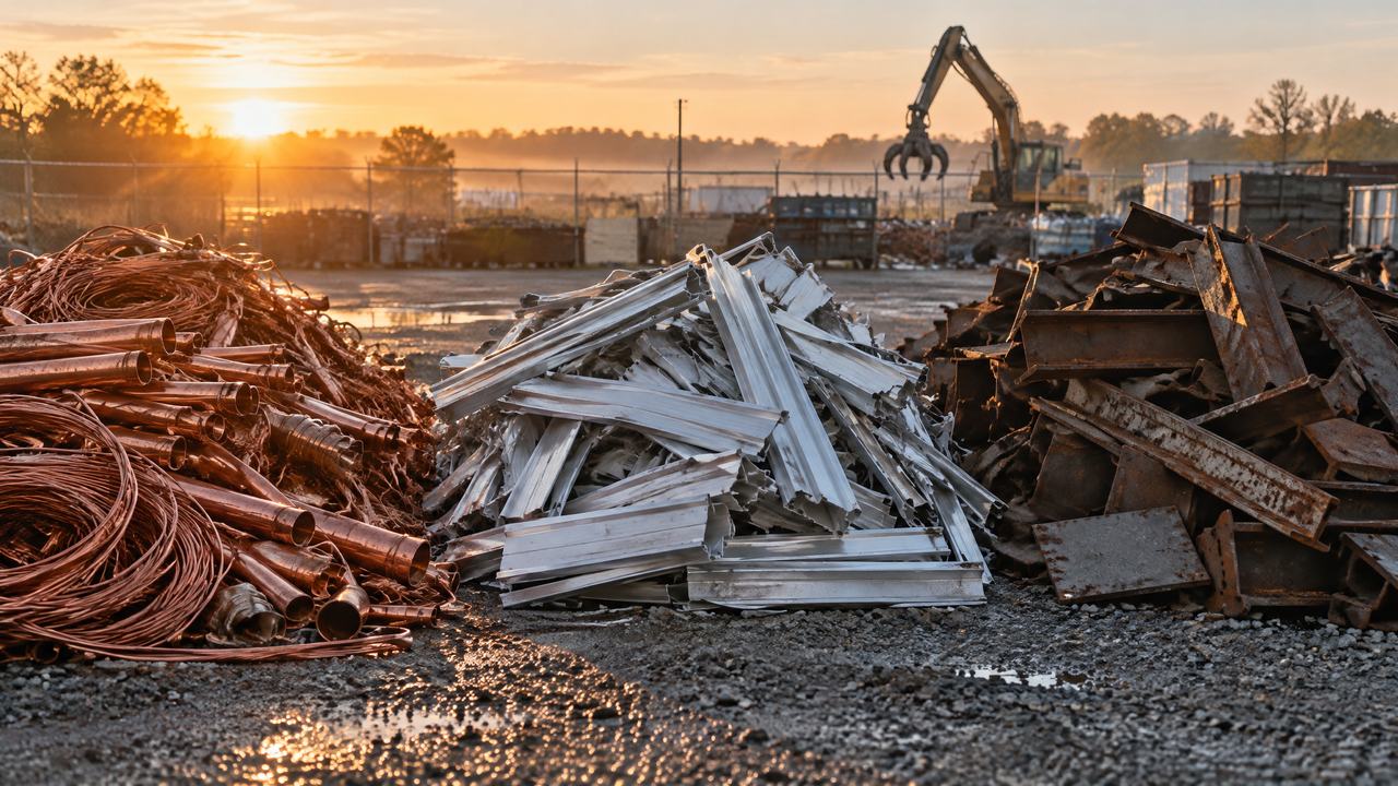 Three sorted piles of copper, aluminum and steel at a scrap yard at sunrise, the metals behind this week's scrap metal prices