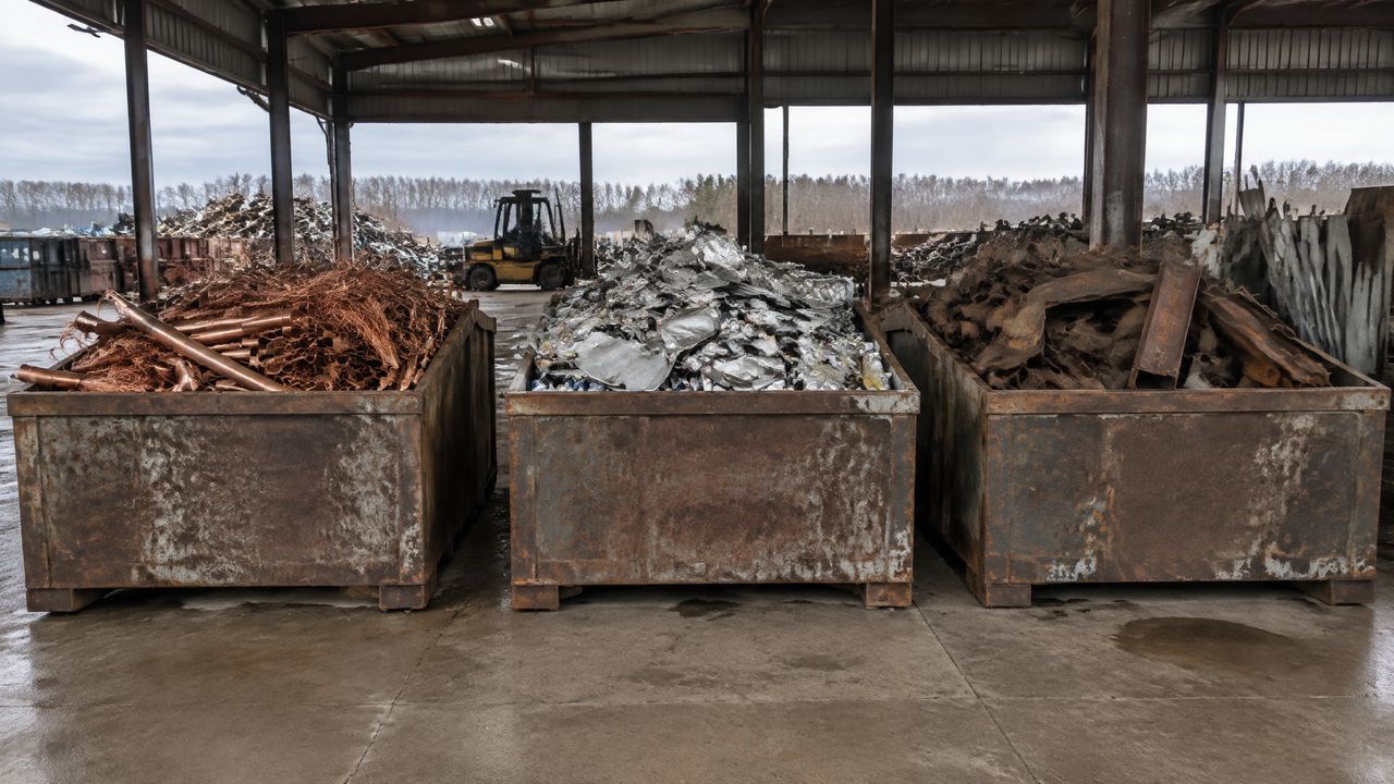 Three steel bins in a yard shed holding copper pipe, crushed aluminum and rusty steel scrap