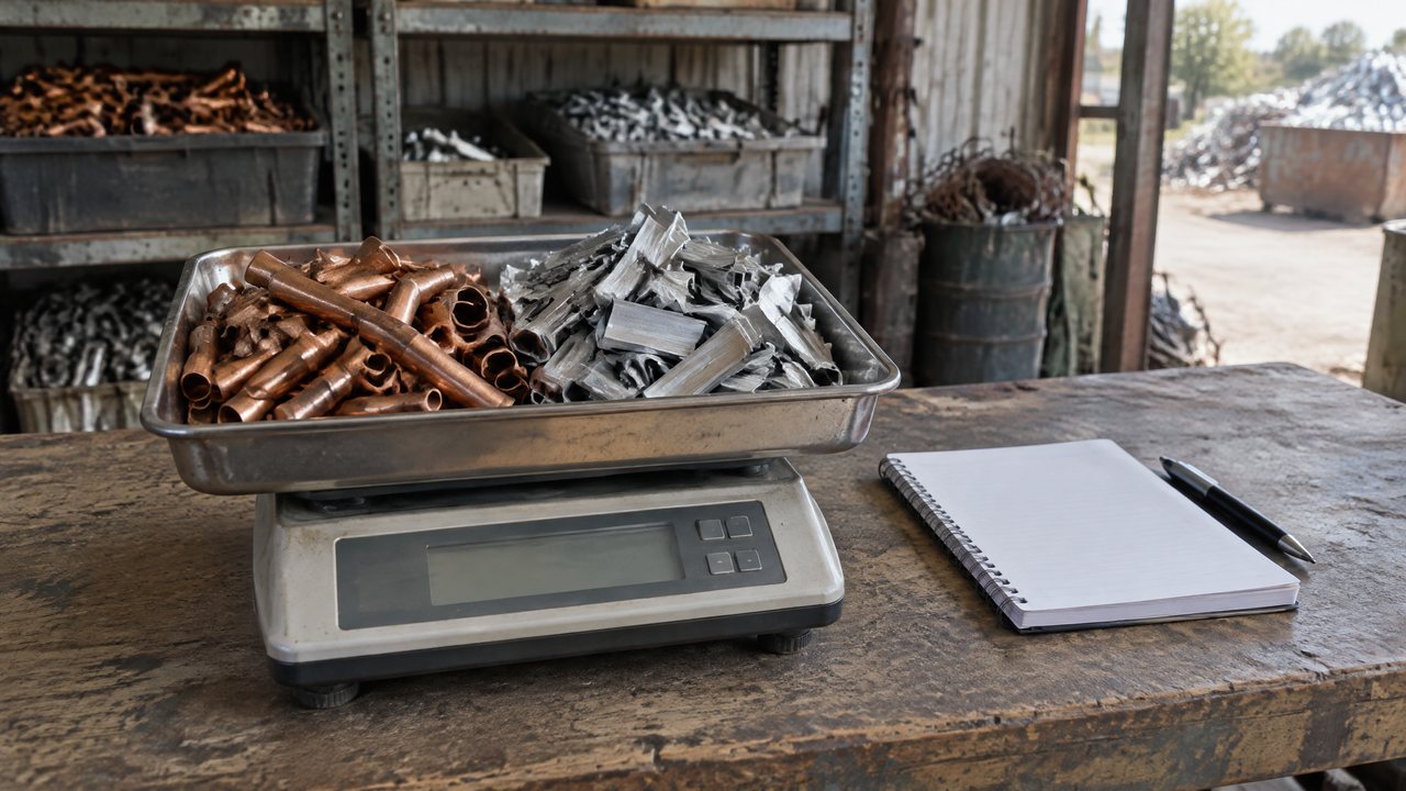 Bench scale holding a tray of sorted copper and aluminum pieces beside a notebook in a yard shed