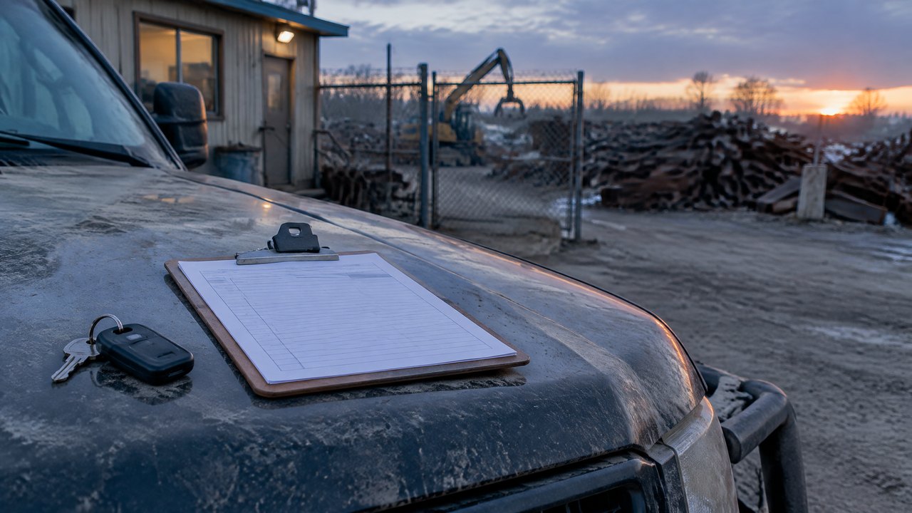Pickup truck keys and a blank clipboard resting on the hood of a work truck outside a yard office at dawn