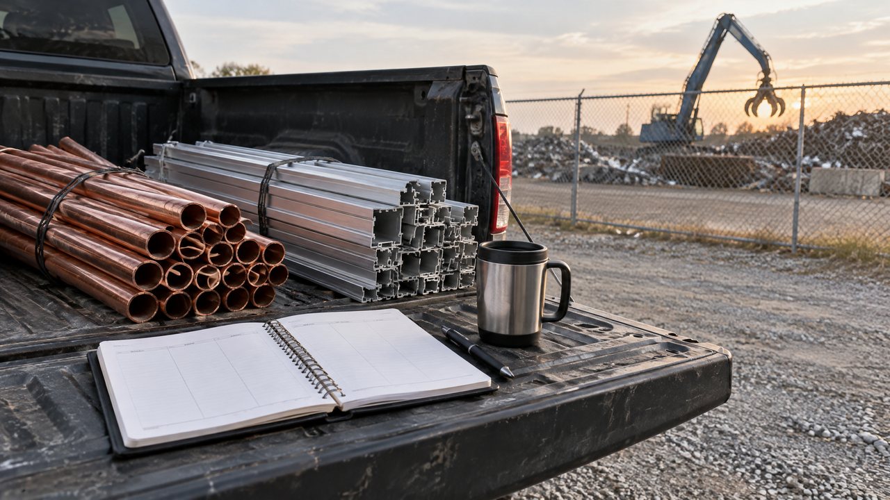 A weekly planner open on a pickup tailgate beside sorted scrap bundles, the scrap week ahead for October 12 to 16