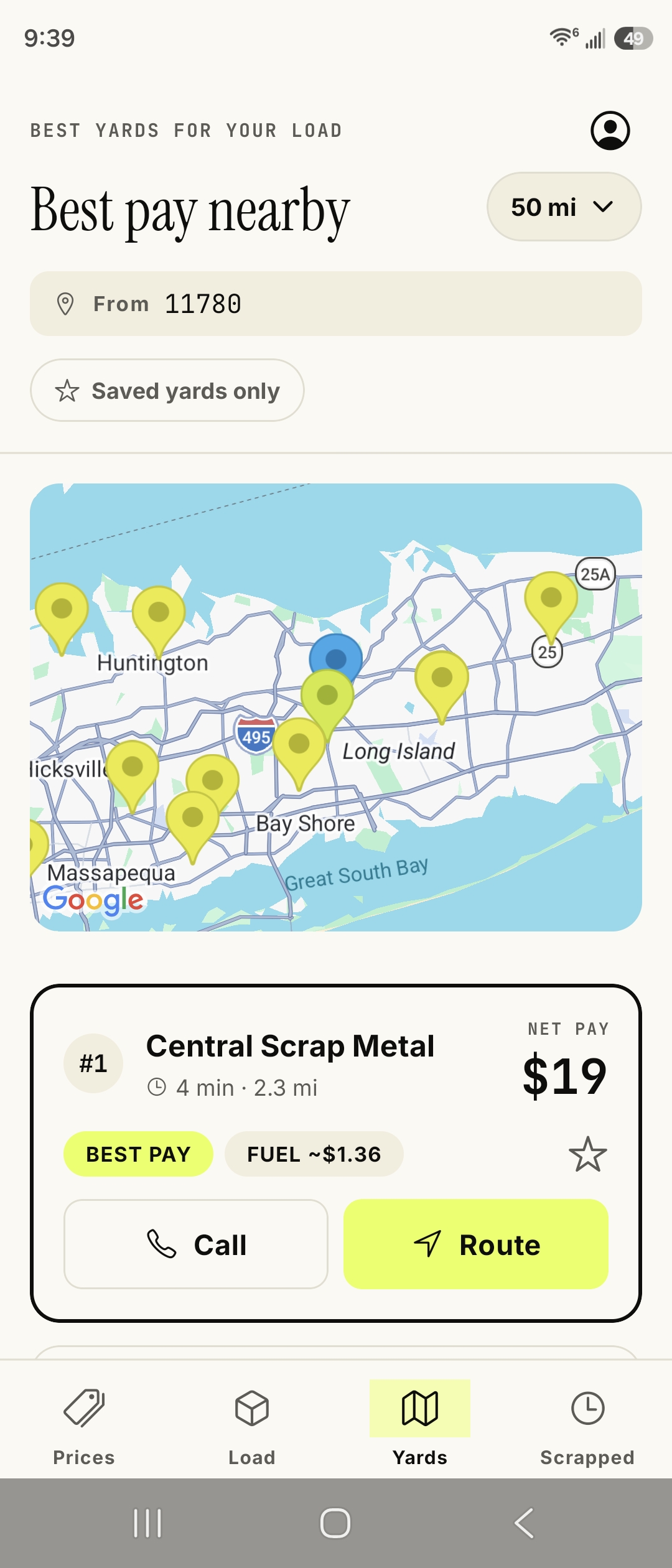 Scraplift best-yards screen showing a map of yard pins within 50 miles, ranked by net pay after fuel, with Call and Route buttons.